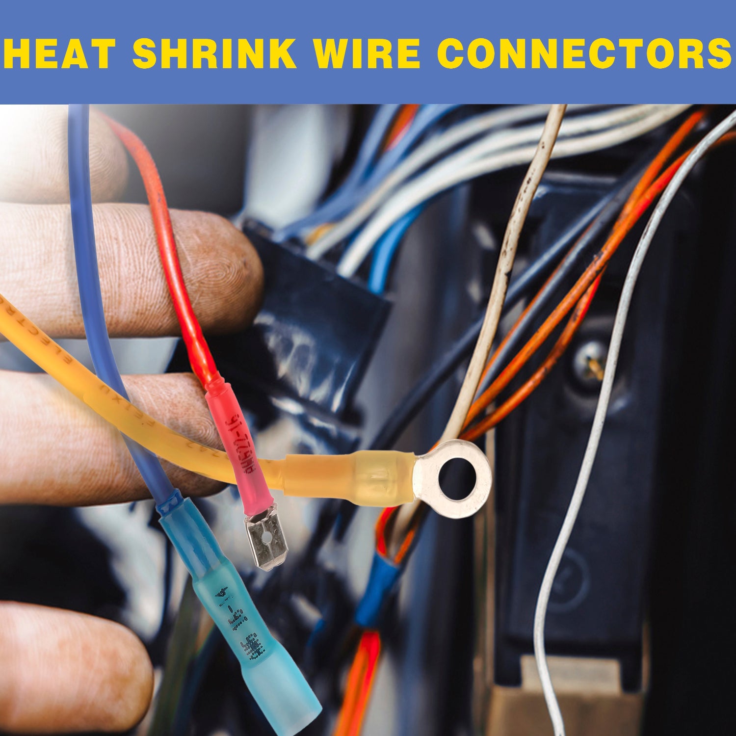 Haisstronica butt splice connectors in use, red/blue/yellow wires crimped, heat shrink sealing, automotive electrical repair, thick cable demo.