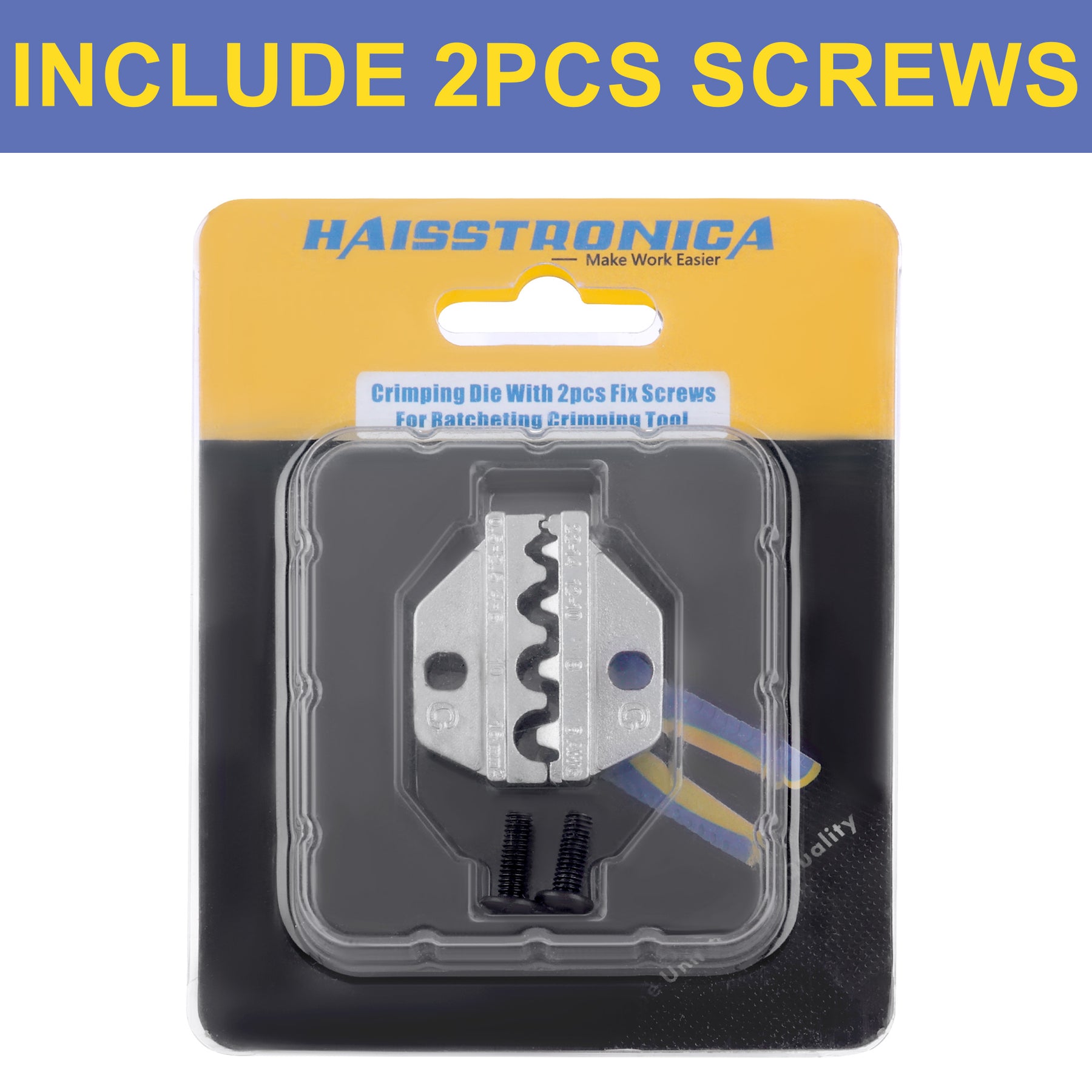 Haisstronica crimp tool die set (AWG 23-10) with anti-corrosion screws for secure ratcheting tool installations.