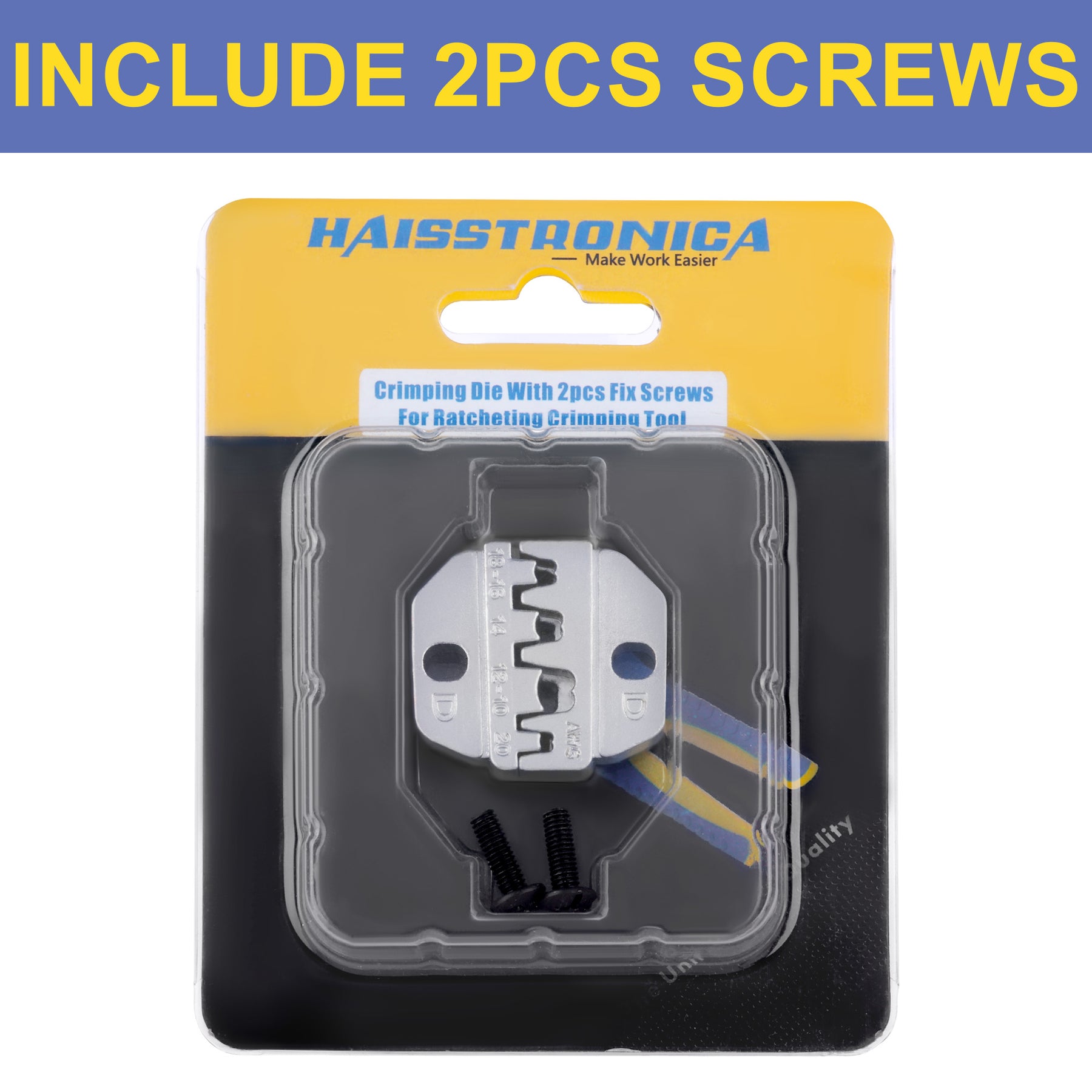 Haisstronica crimping die with 2 stainless steel screws, compatible with AWG 12-10 ratcheting crimpers.