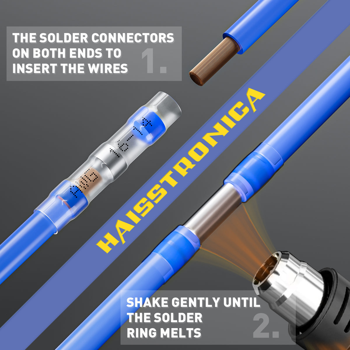 How to use solder butt connectors: insert stripped wires, heat with gun until solder ring melts for a strong bond.