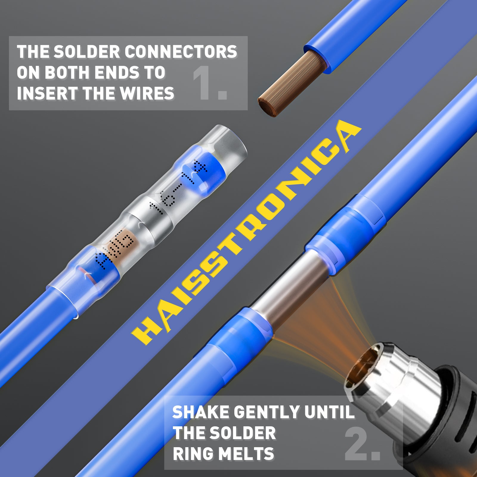 How to use solder butt connectors: insert stripped wires, heat with gun until solder ring melts for a strong bond.