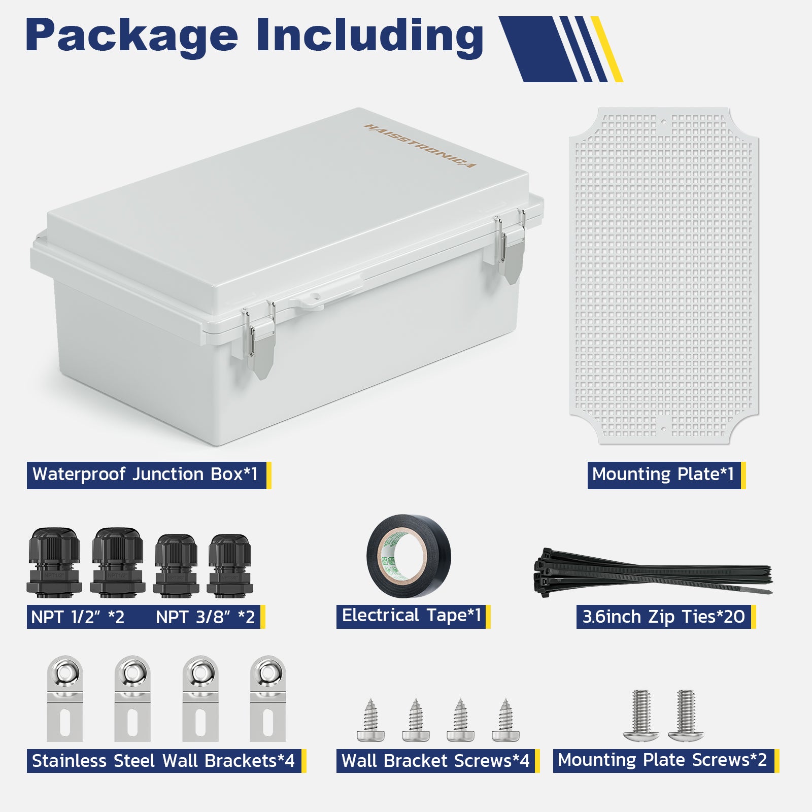 Haisstronica cable junction box kit with waterproof components, NPT connectors, and mounting accessories