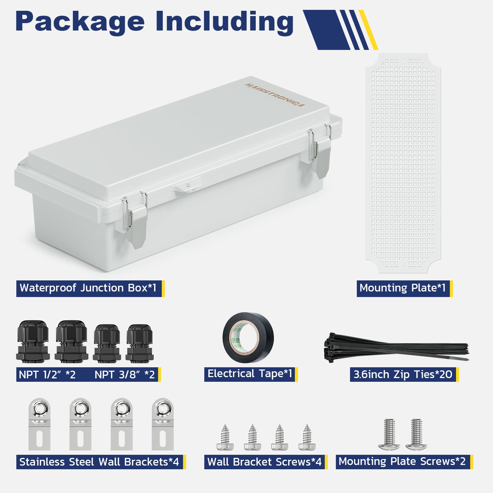 Complete Haisstronica waterproof junction box package including mounting hardware and waterproof accessories.