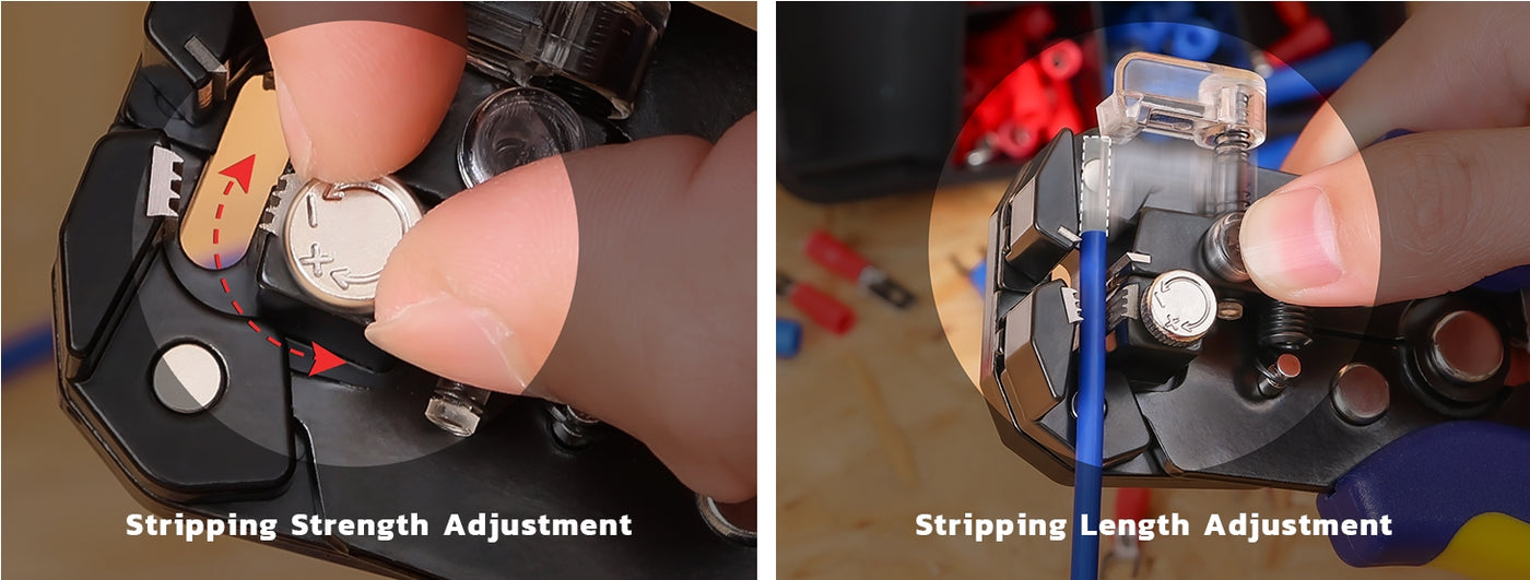 Ergonomic wire striping tools set; close-up shows jaws removing insulation cleanly for DIY and professional projects.