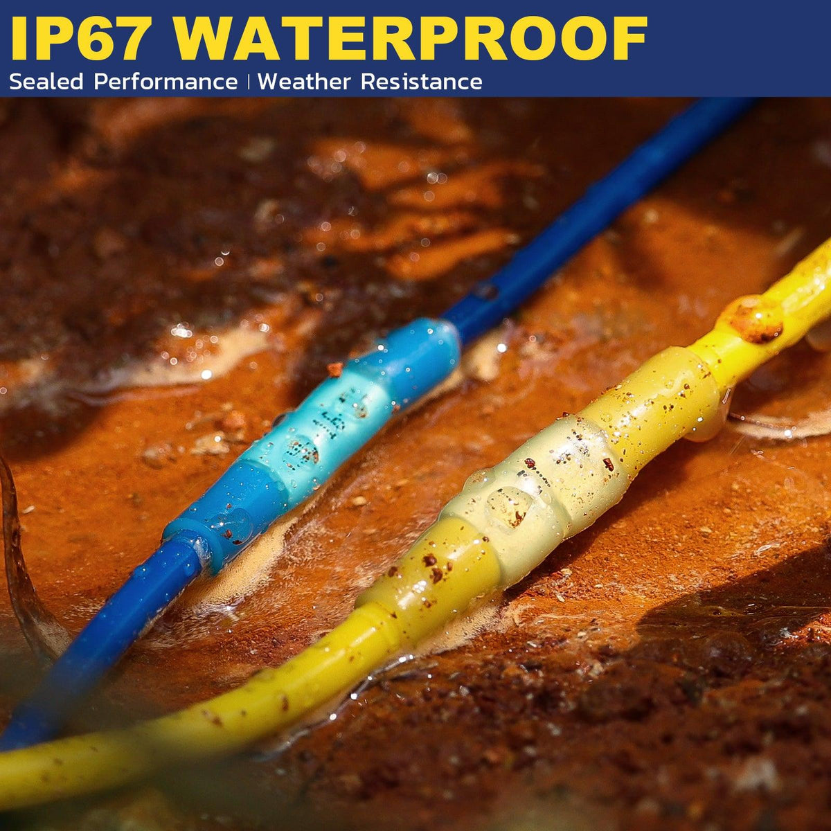 IP67 waterproof butt splice under water test, HAISSTRONICA, sealed performance, dirt/mud resistance.