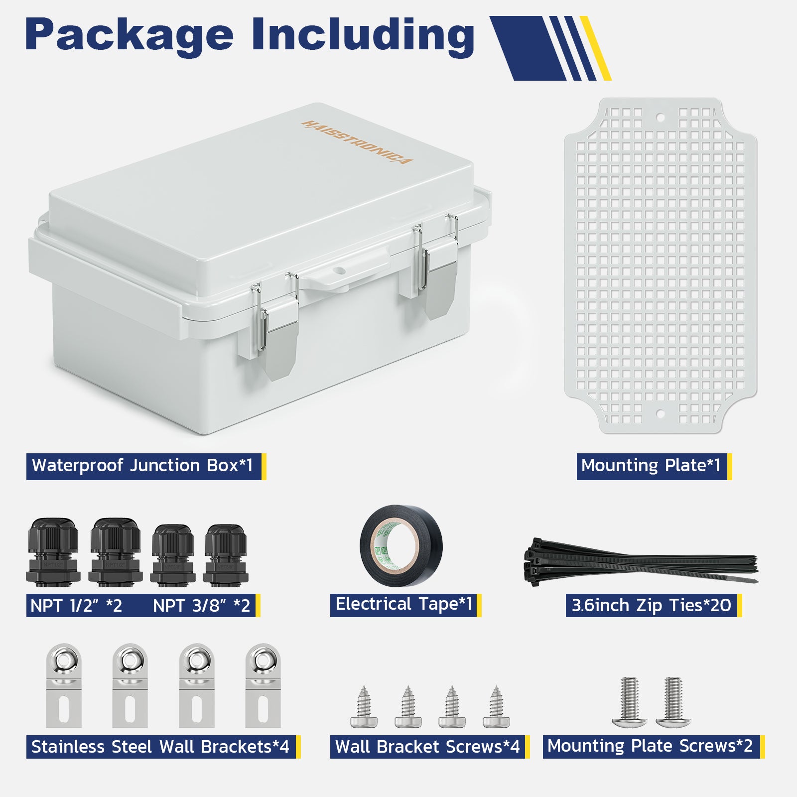 Complete Haisstronica waterproof outdoor electrical junction box package with mounting hardware and accessories.