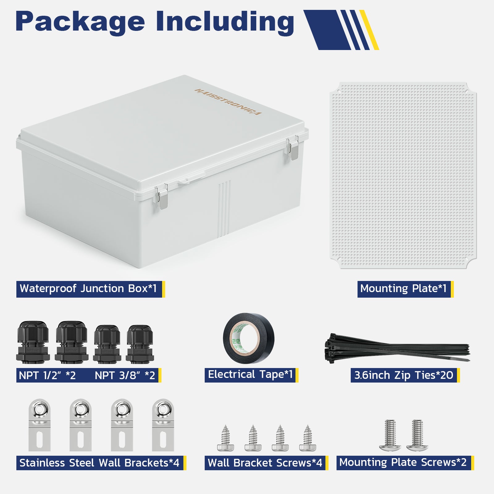 Haisstronica cable junction box kit with waterproof components, NPT connectors, and mounting accessories for outdoor setups.