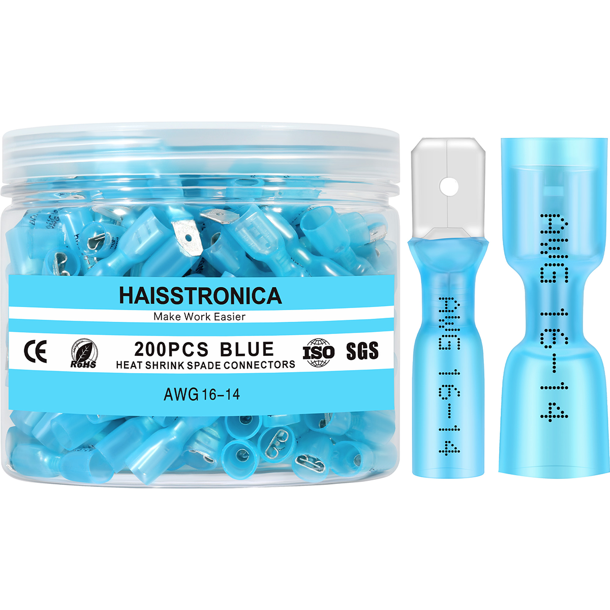Haisstronica heat shrink spade connectors, 200PCS blue, AWG 16-14, TSO SGS certified for secure connections.