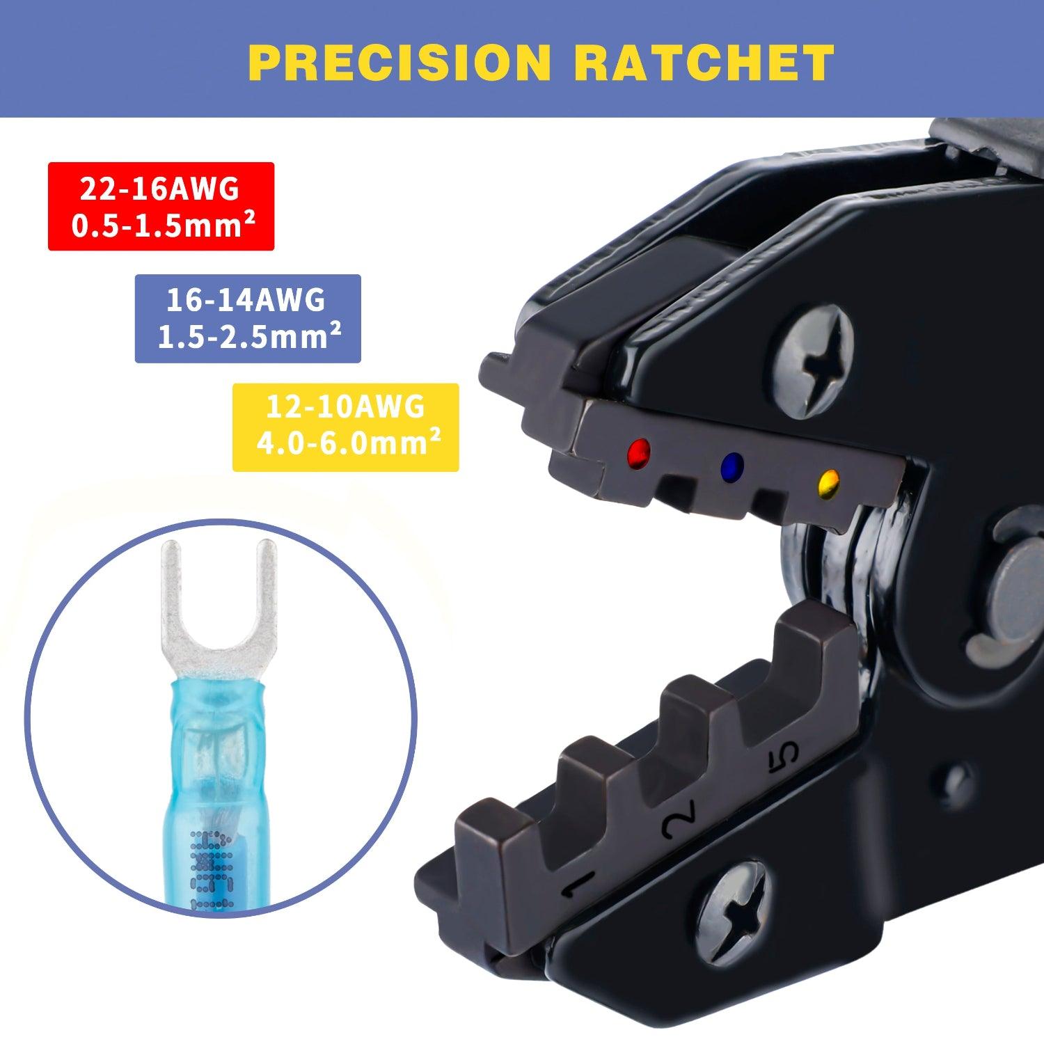 Precision ratchet tool for wire butt connectors, HAISSTRONICA, color-coded AWG 12-10 to 22-16 jaws