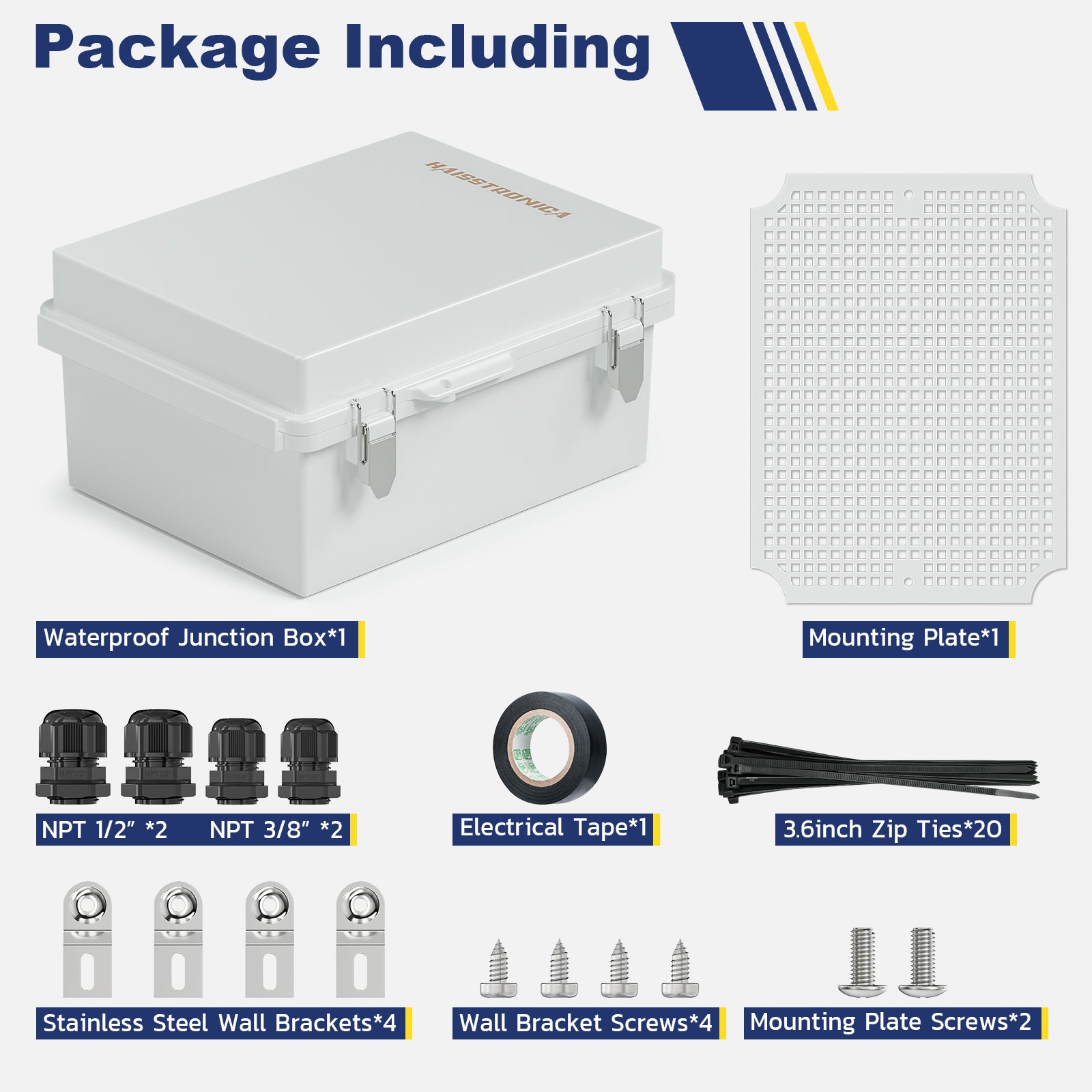 Haisstronica cable junction box kit with mounting plate, NPT connectors, and stainless steel brackets for outdoor setups.