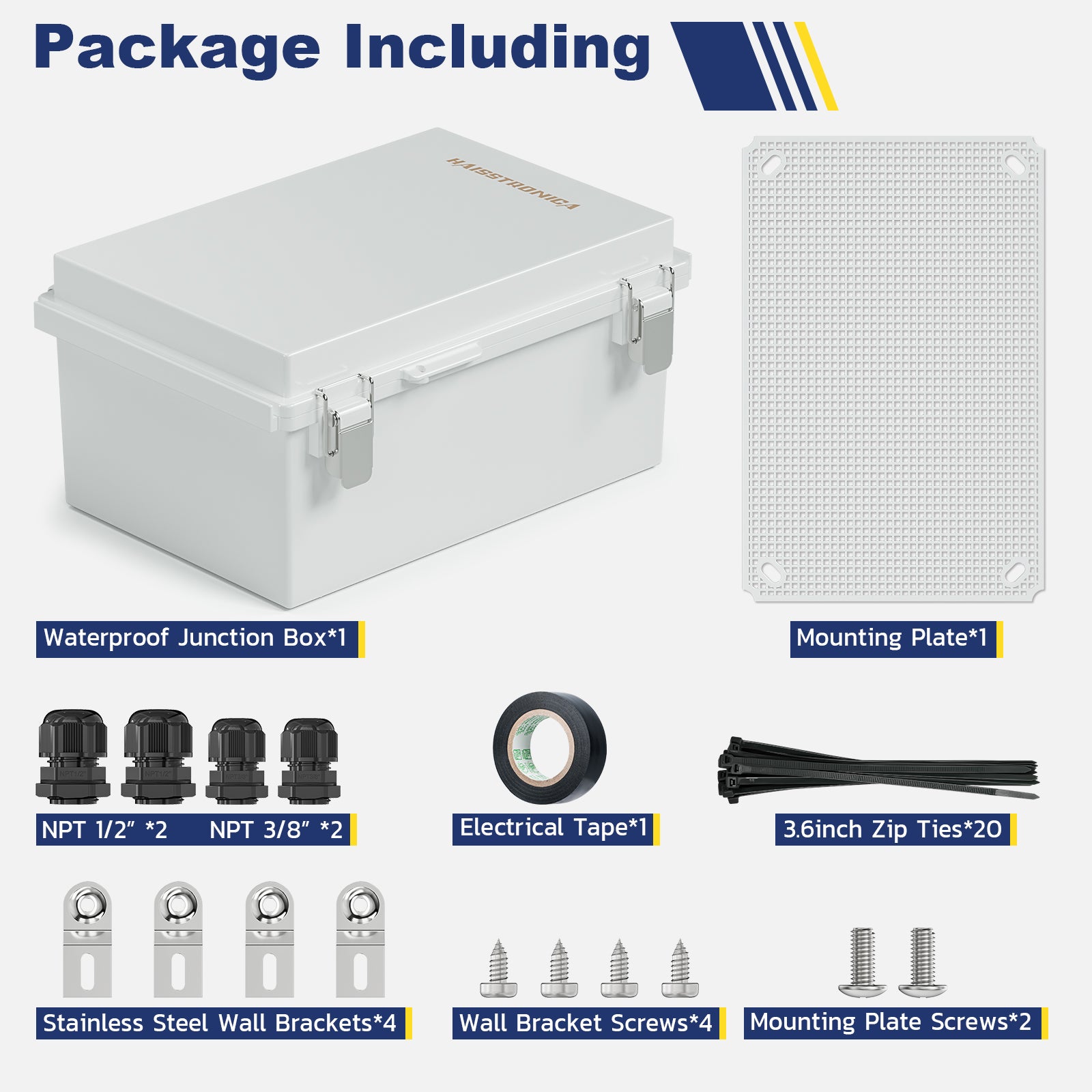 Haisstronica waterproof junction box package including wall brackets, screws, and waterproof components.