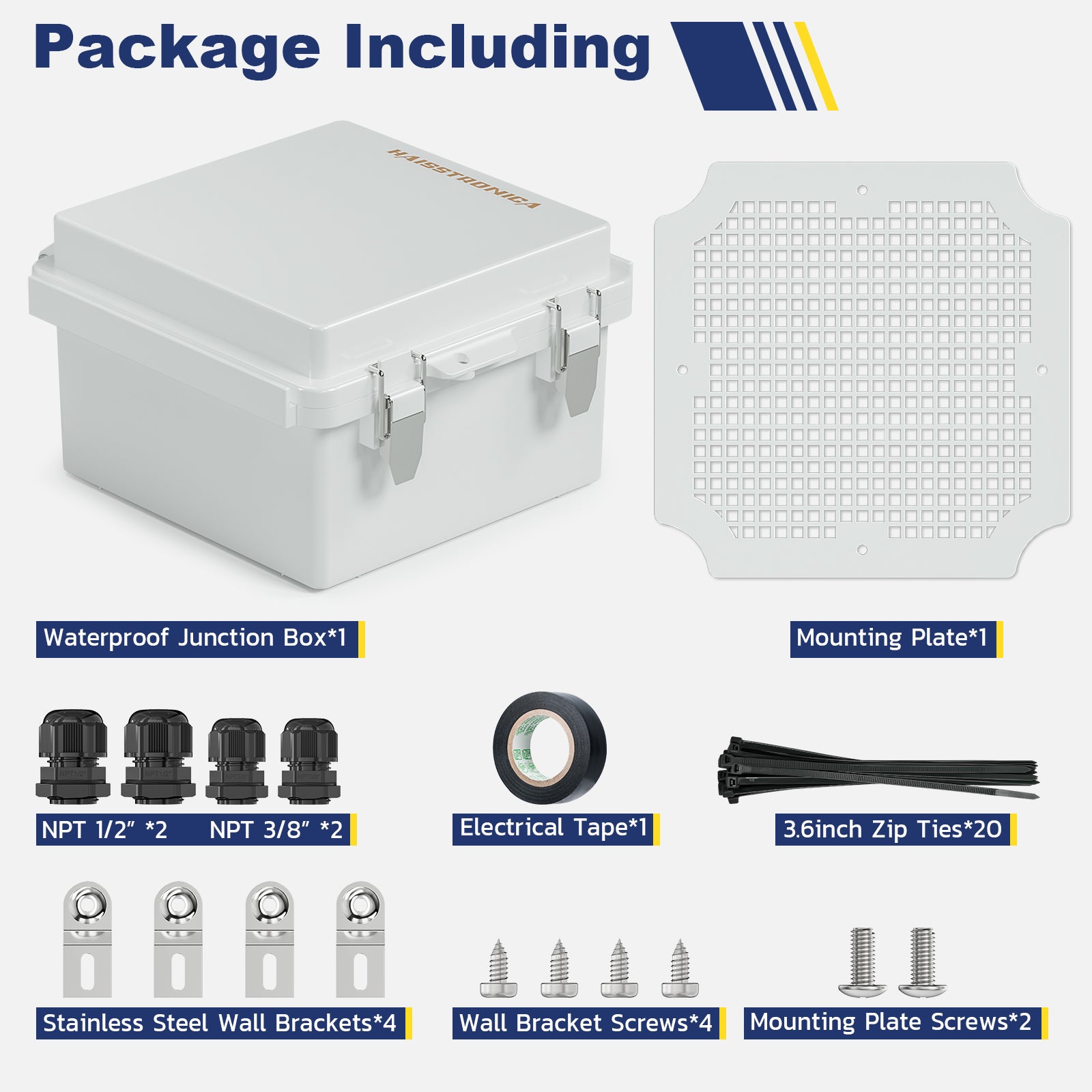 Haisstronica cable junction box kit, including waterproof components, brackets, and NPT connectors for easy setup.
