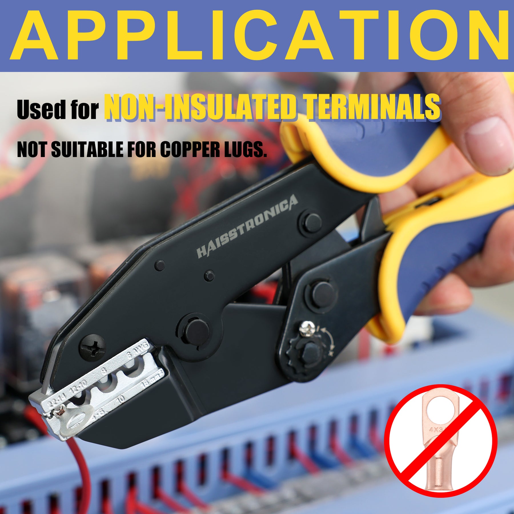 Haisstronica crimp tool die set for non-insulated terminals (excludes copper lugs) in AWG 22-10 range.