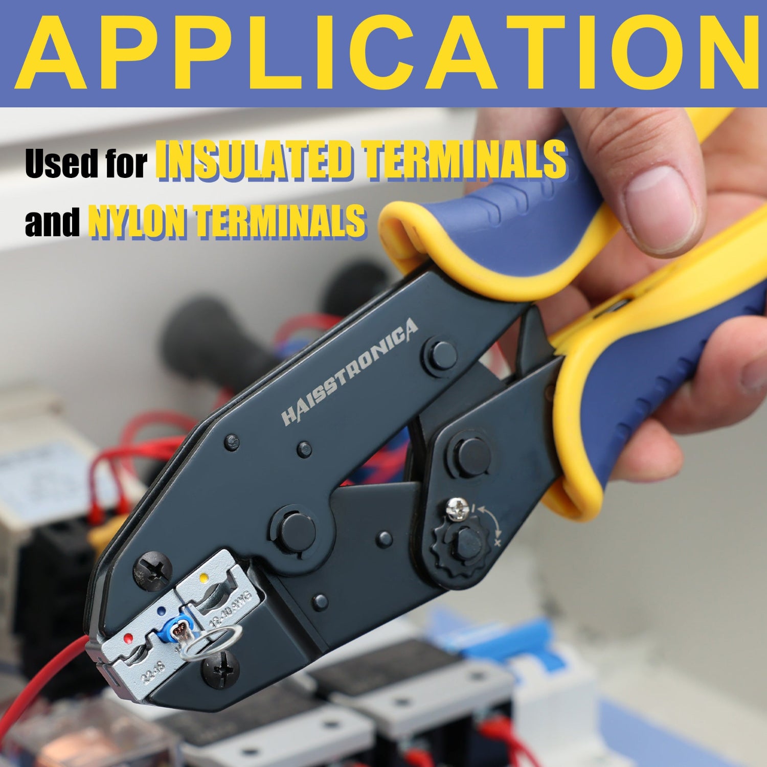Haisstronica crimp tool dies designed for insulated/nylon terminals (AWG 16-12) and heat shrink applications.