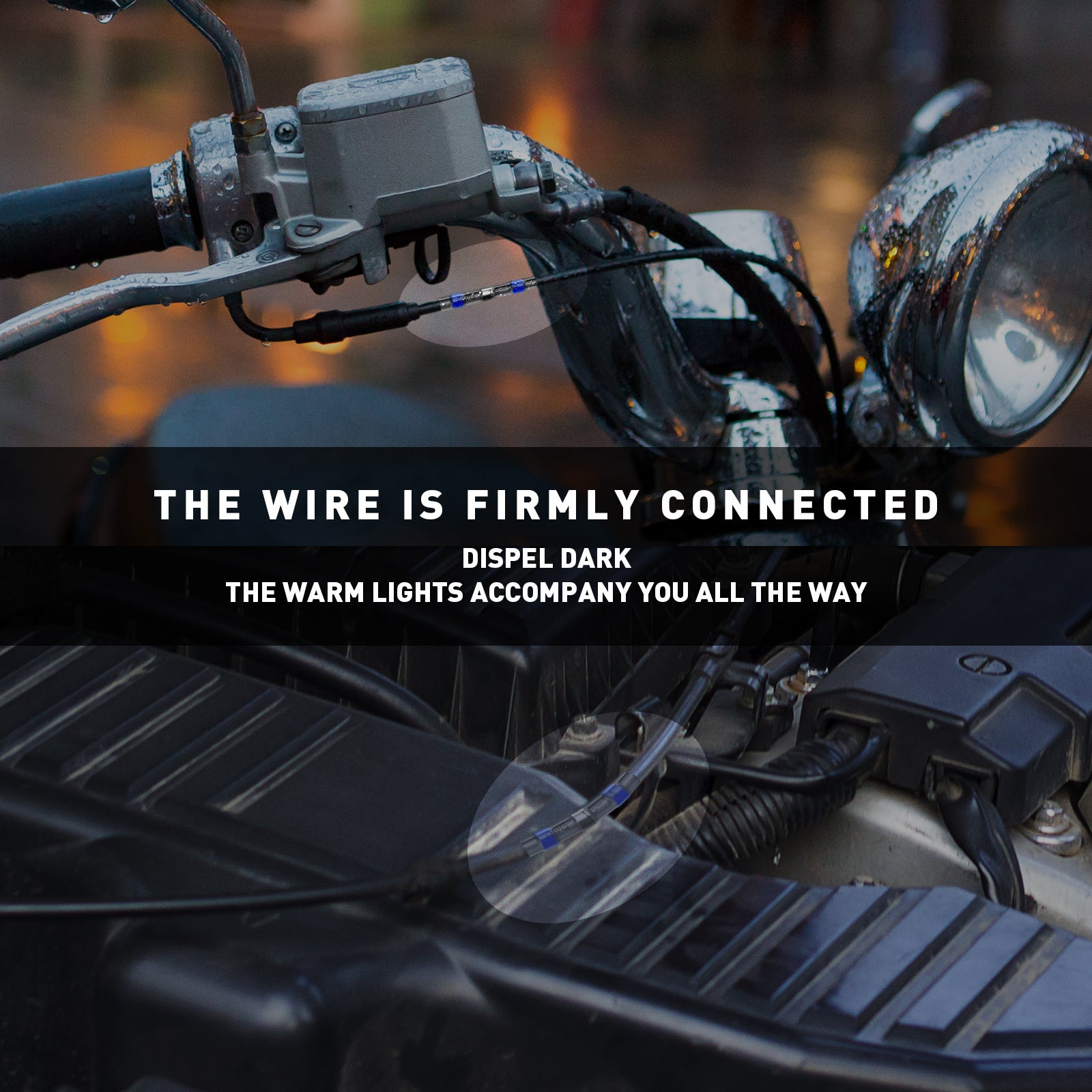 Motorcycle wiring repaired using connectors; compare heat tools with solder sticks; reliable sealed connection in rain.