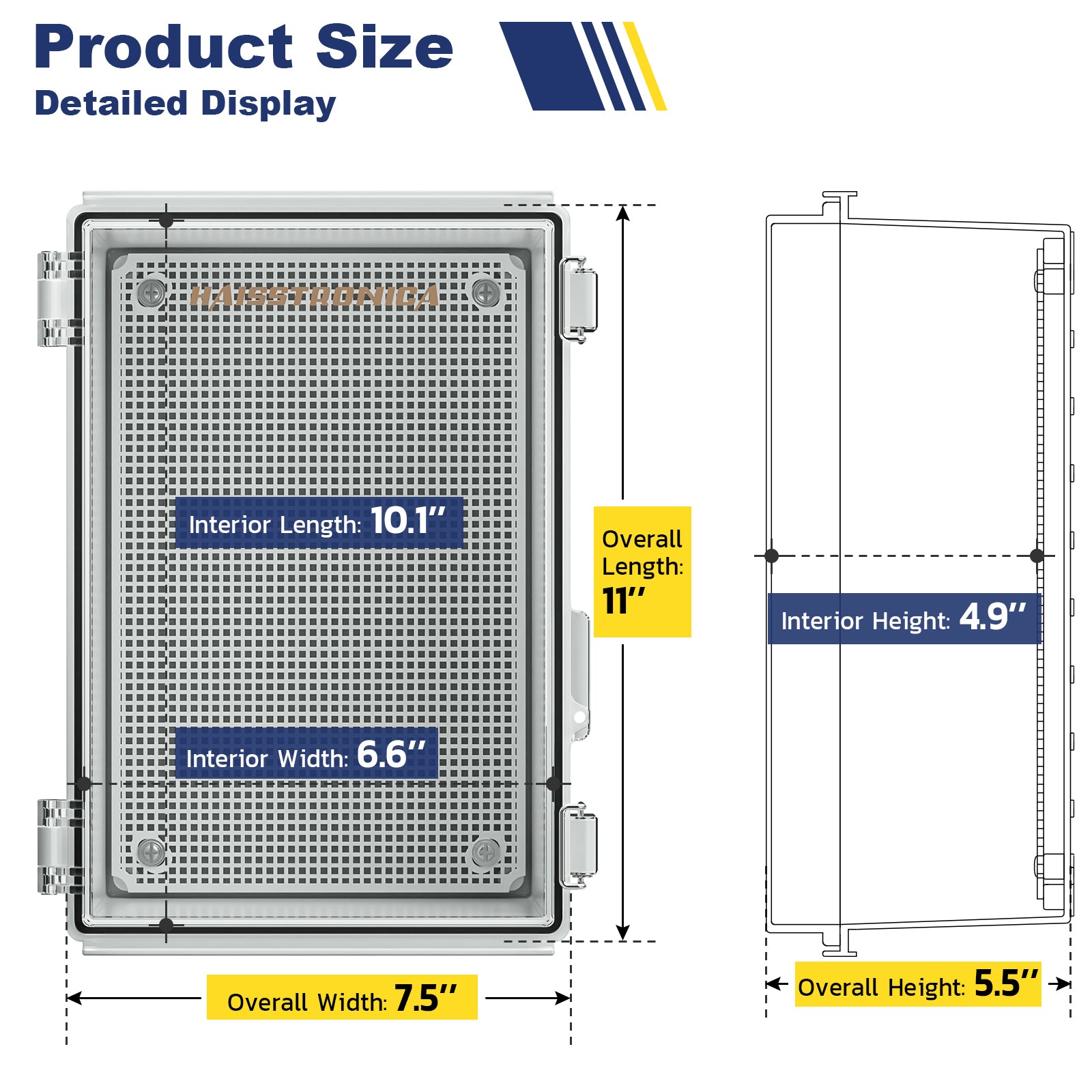 Detailed dimensions of Haisstronica low voltage junction box, optimized for compact outdoor electrical setups.