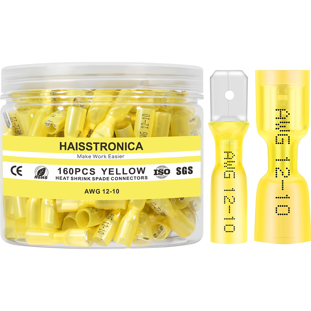 Haisstronica waterproof heat shrink connectors, 160PCS yellow spades, AWG 12-10, ISO SGS.