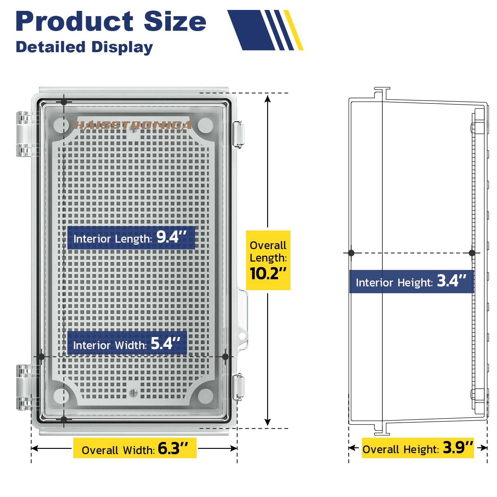 Compact Haisstronica electrical box with precise interior and exterior dimensions for versatile applications.