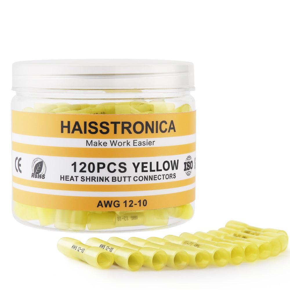 Haisstronica 120PCS yellow heat shrink butt connectors for AWG 12-10 cables.
