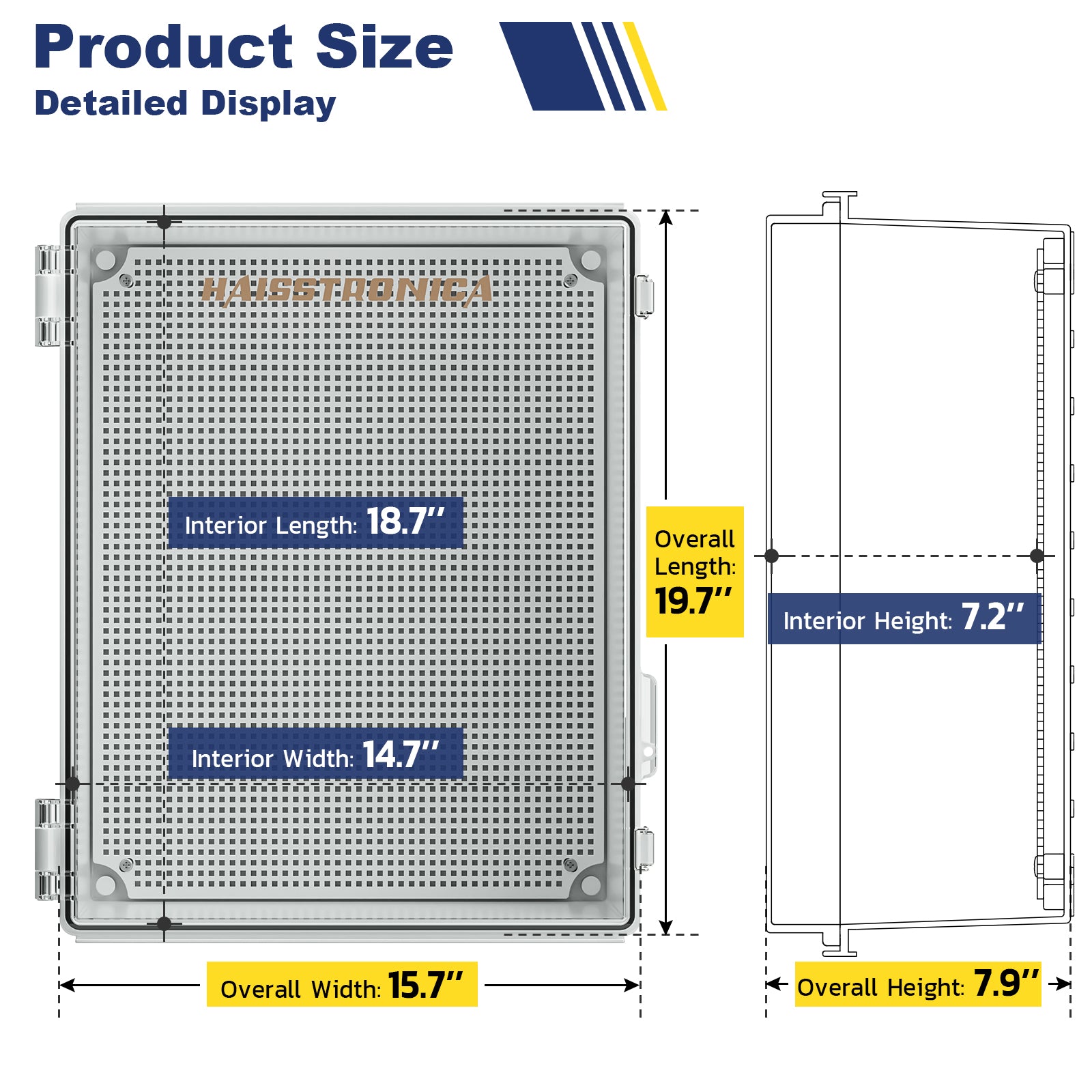 Large-capacity Haisstronica outdoor electrical junction box, showcasing detailed interior and exterior dimensions.