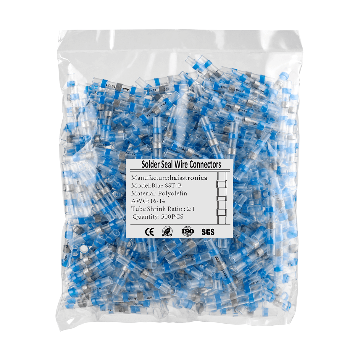 Solder seal connectors - HAISSTRONICA Blue SST-B, AWG 16-14, 500pcs. Polyolefin, CE/ISO certified.