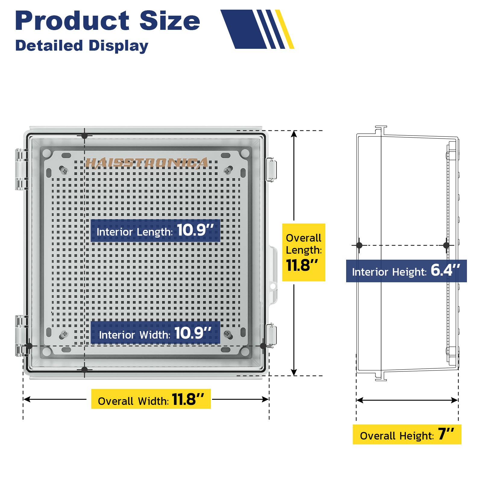 Compact Haisstronica low voltage junction box, featuring precise interior and exterior dimensions for versatile outdoor installations.