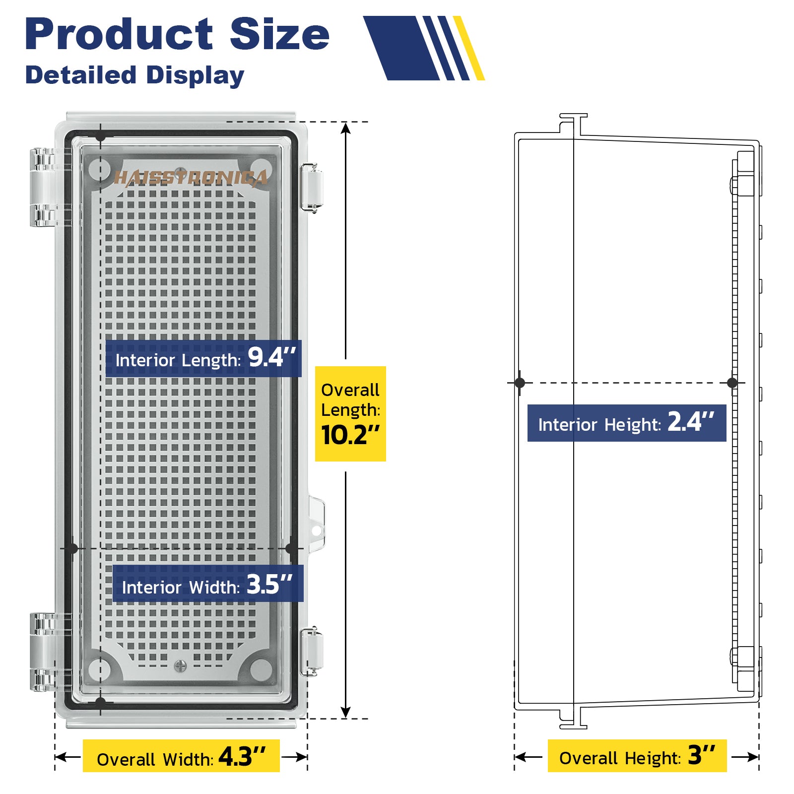 Compact Haisstronica low voltage junction box with precise interior and exterior dimensions for tight outdoor installations.