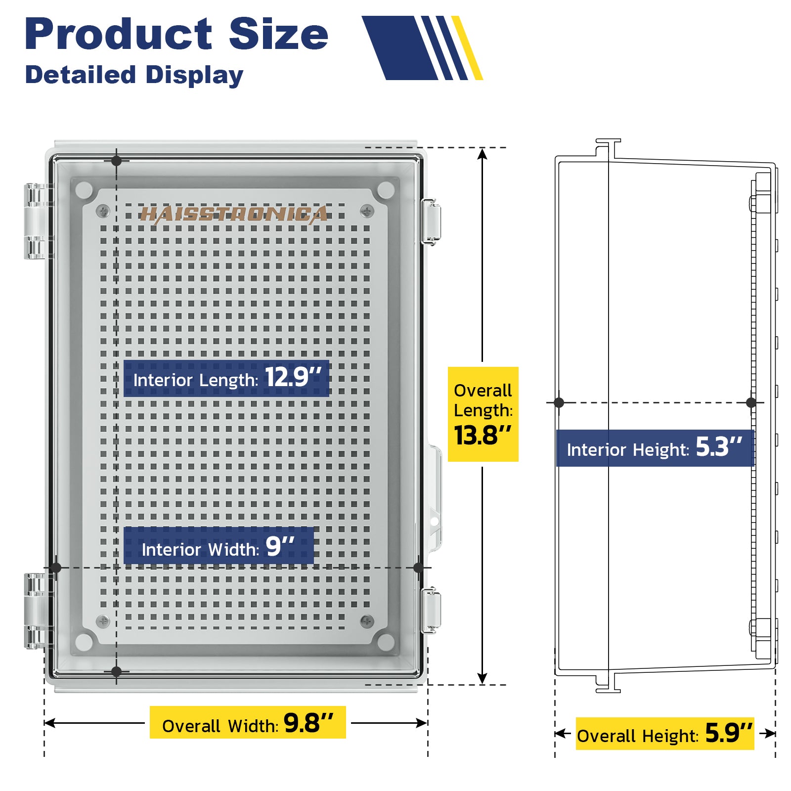 Detailed dimensions of Haisstronica electrical junction box types, designed for flexible outdoor electrical setups.