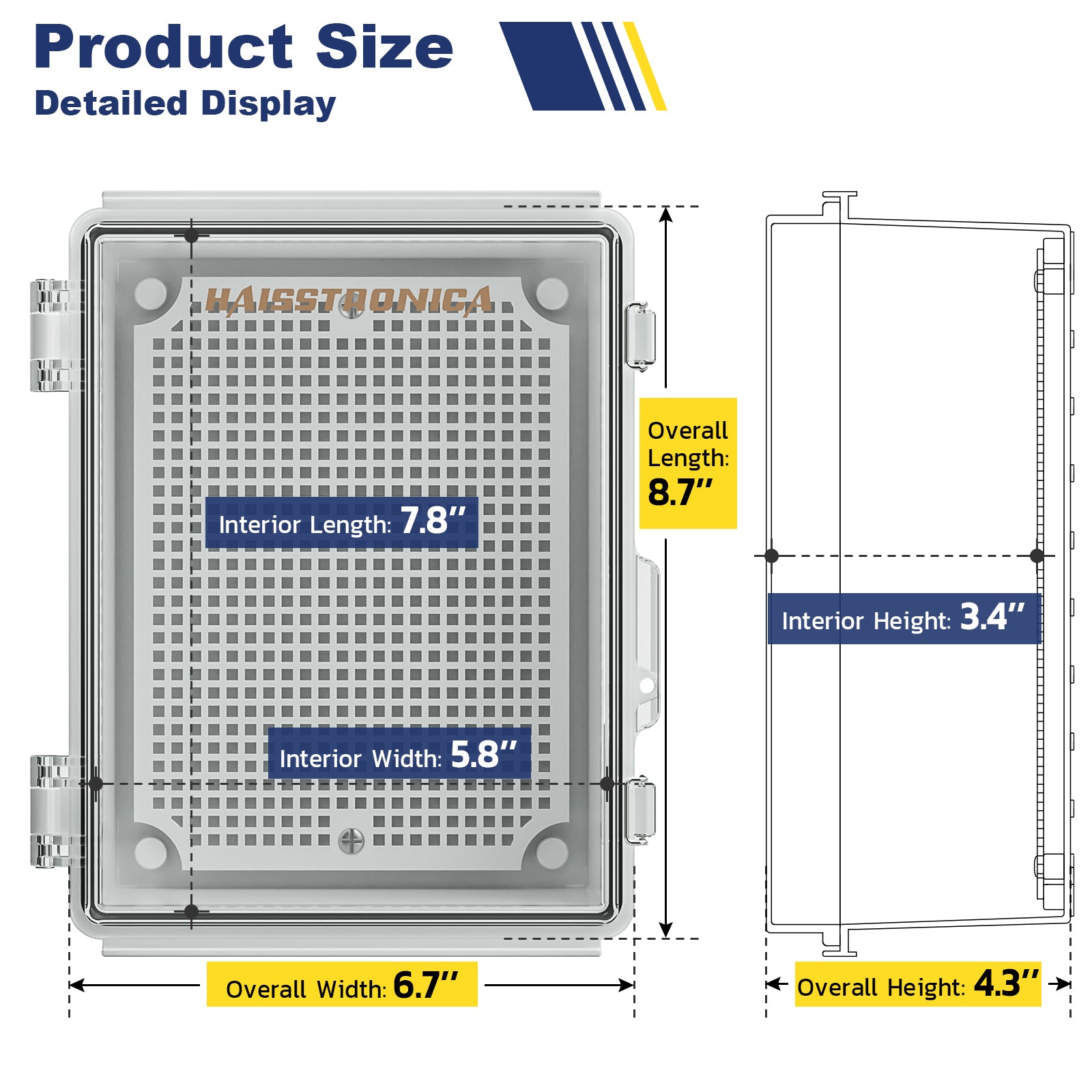 Compact Haisstronica low voltage junction box with detailed interior and exterior dimensions for versatile applications.
