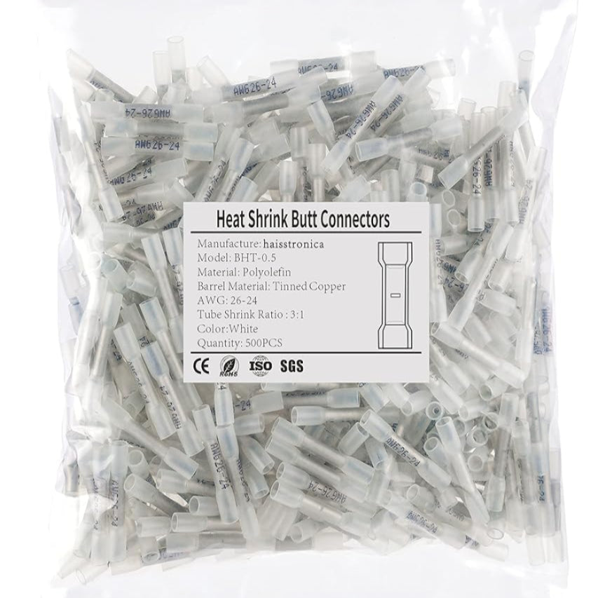 White HAISSTRONICA electrical butt terminals, BHT-0.5, AWG 26-24, heat shrink, IP67 waterproof.