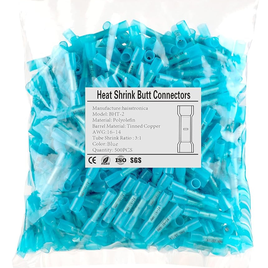 HAISSTRONICA blue heat shrink butt connectors BHT-2, AWG 16-14, 3:1 ratio, Polyolefin, CE/ISO/SGS certified.