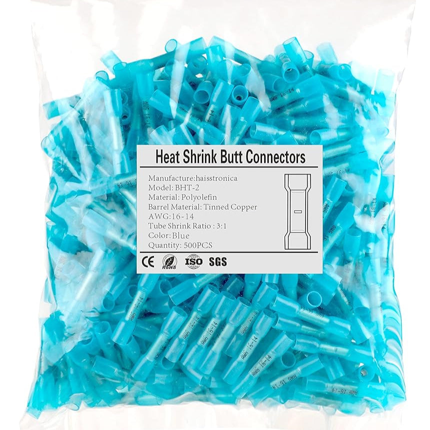 HAISSTRONICA blue heat shrink butt connectors BHT-2, AWG 16-14, 3:1 ratio, Polyolefin, CE/ISO/SGS certified.