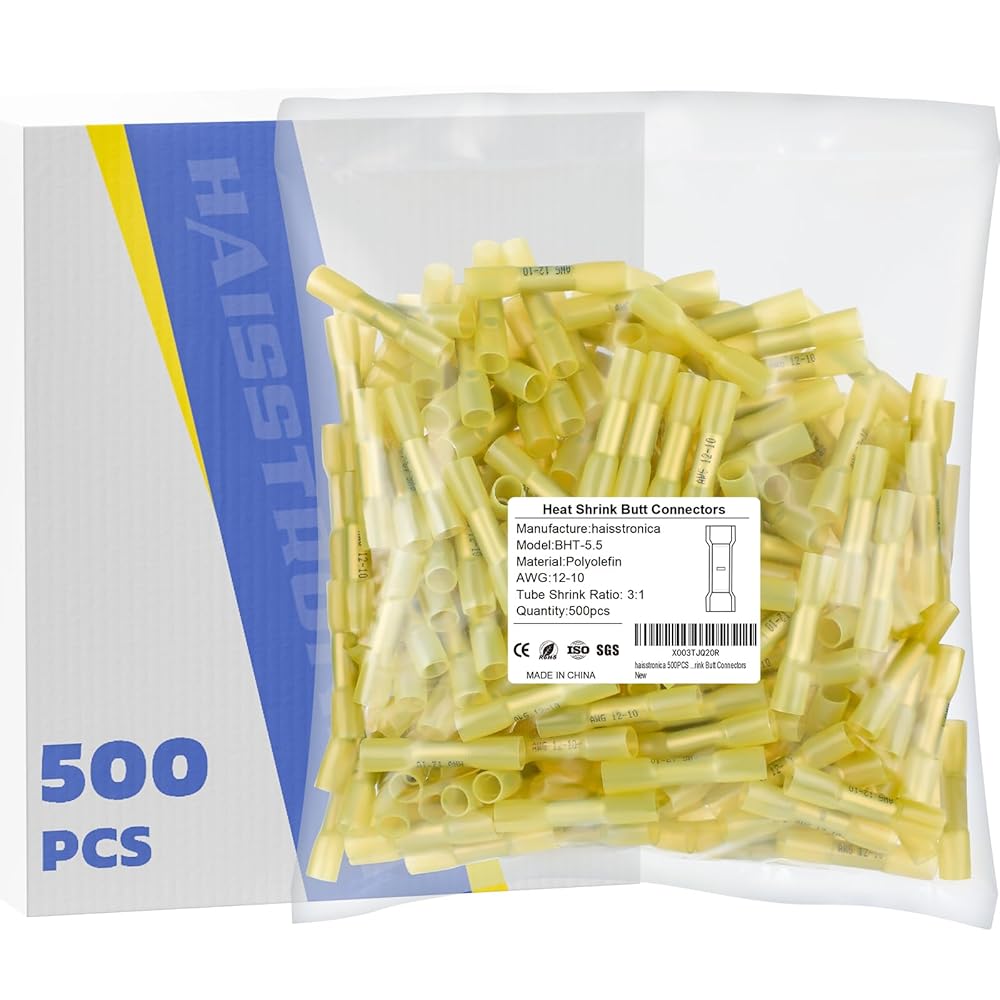HAISSTRONICA yellow heat shrink butt connectors, BHT-5.5, AWG 12-10, 3:1 ratio, Polyolefin, CE/ISO/SGS certified.