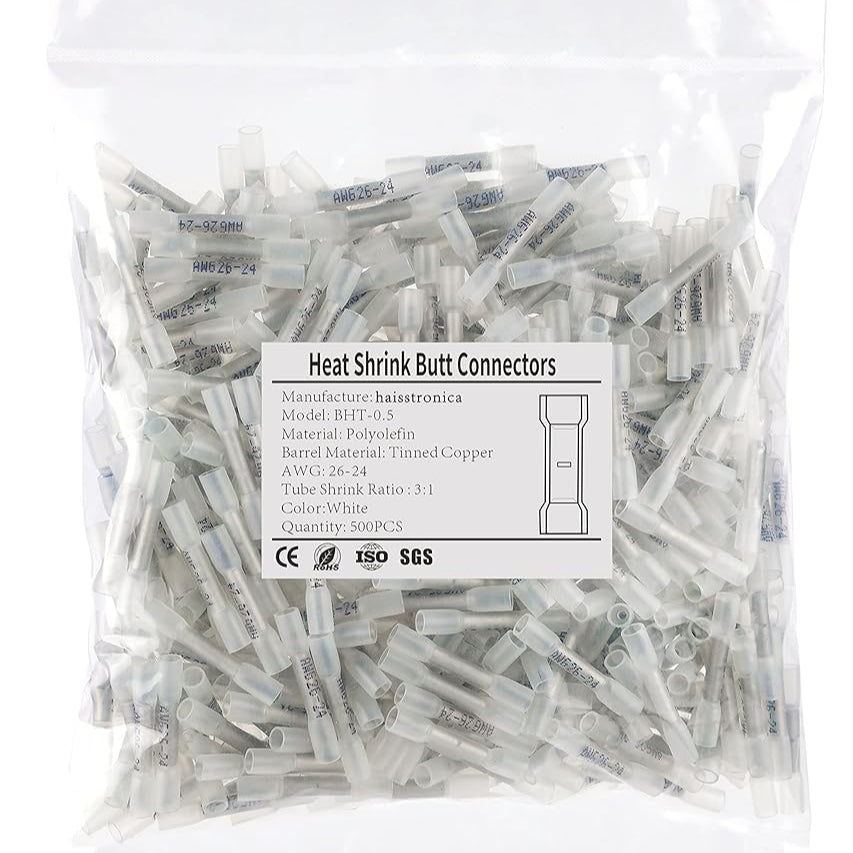 White HAISSTRONICA electrical butt terminals, BHT-0.5, AWG 26-24, heat shrink, IP67 waterproof.