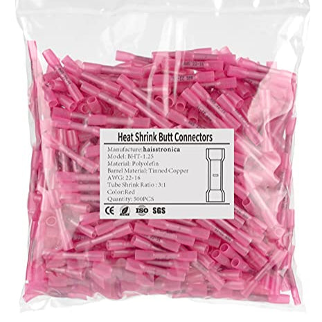 HAISSTRONICA solder butt connectors BHT-1.25, AWG 22-16, 3:1 shrink ratio, tinned copper, 500PCS.