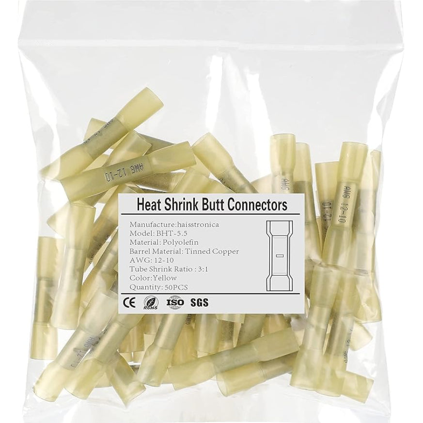 Yellow HAISSTRONICA waterproof butt splices, BHT-5.5, AWG 12-10, CE/RoHS, heavy-duty 50PCS.