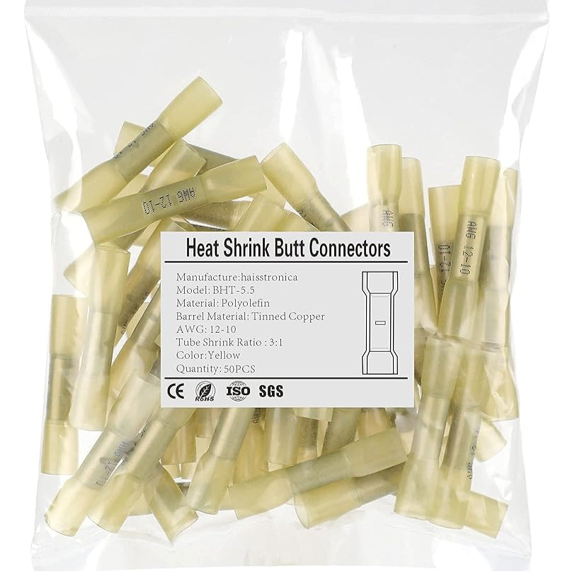 Yellow HAISSTRONICA waterproof butt splices, BHT-5.5, AWG 12-10, CE/RoHS, heavy-duty 50PCS.