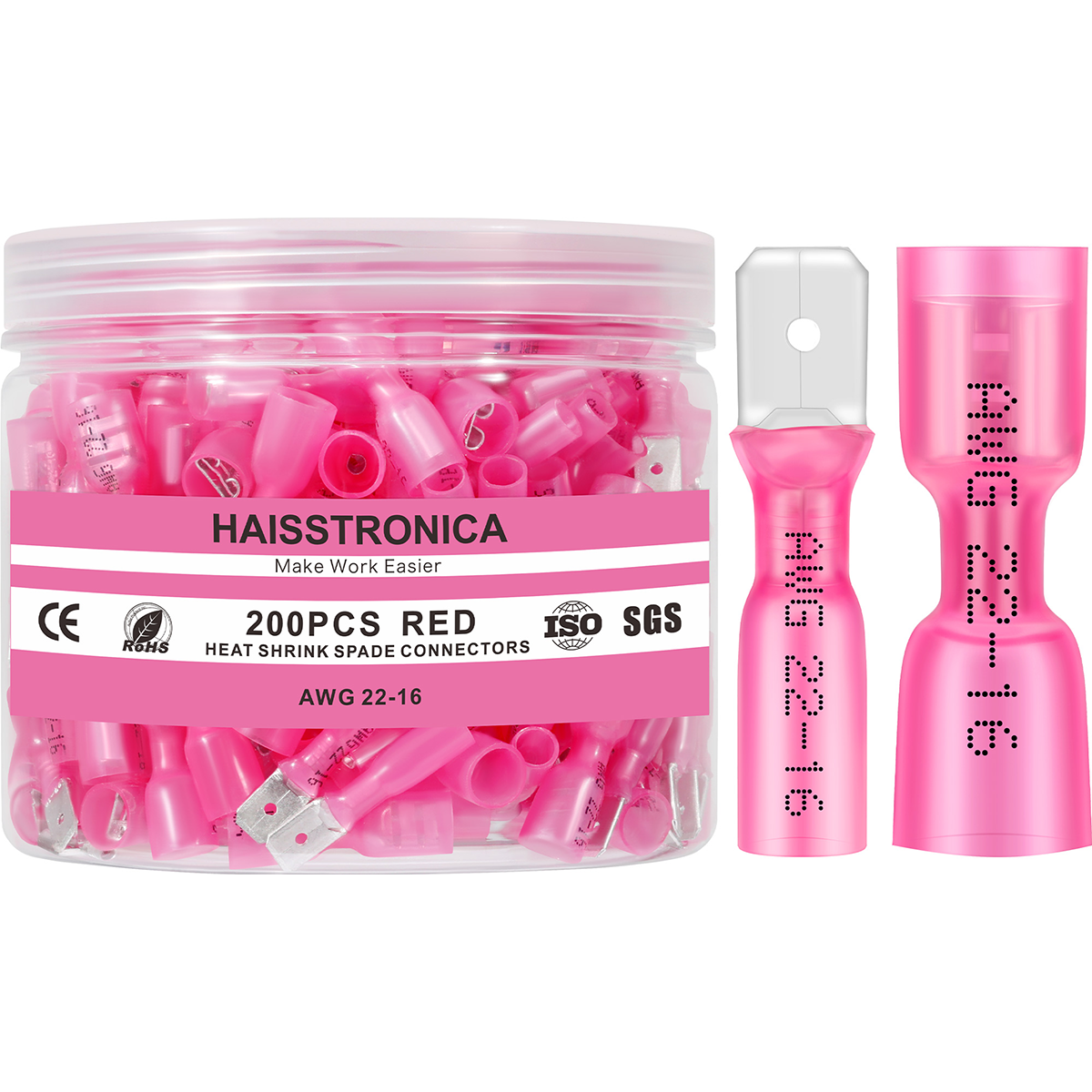 Haisstronica heat shrink wire connectors, 200PCS red spade terminals for industrial applications.