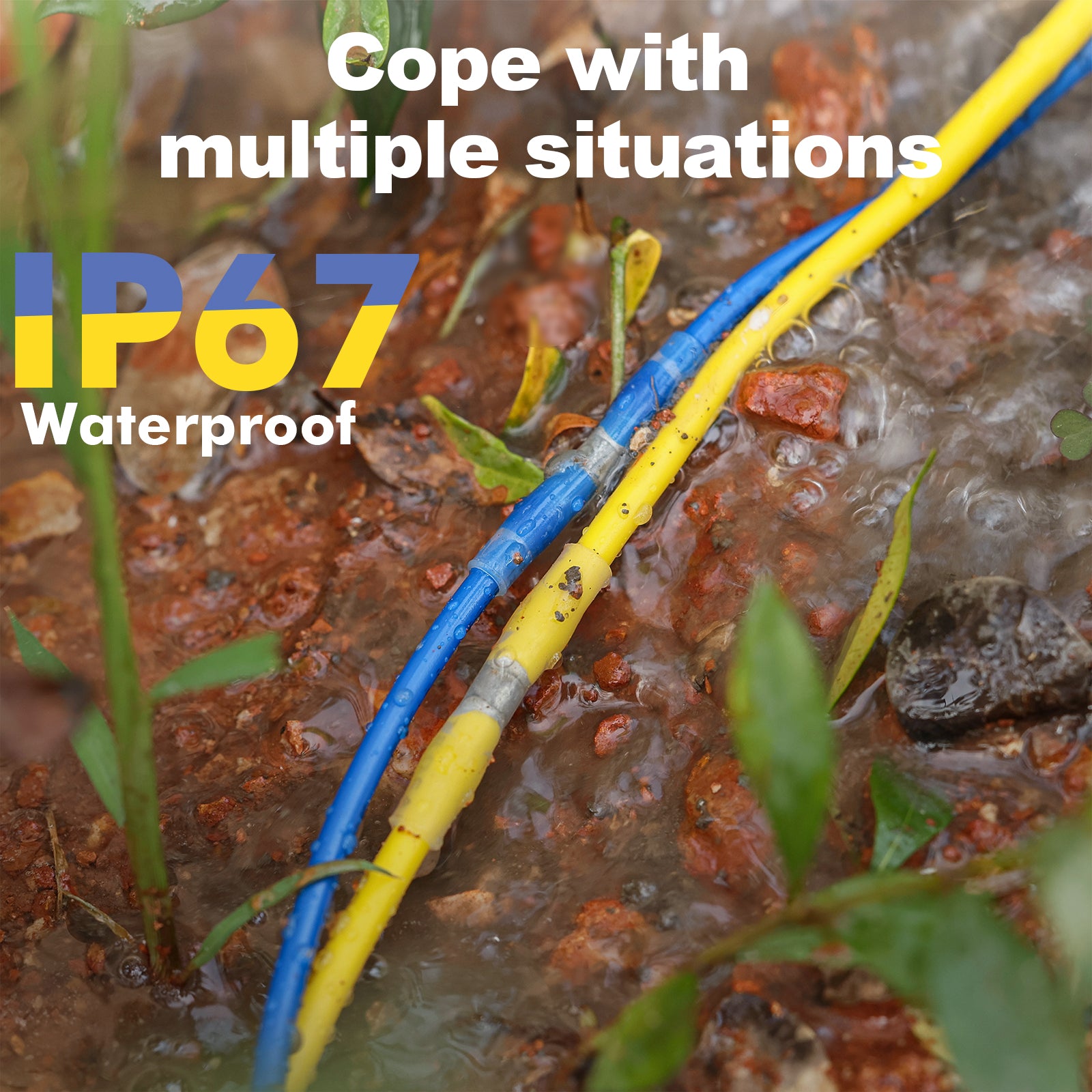 Waterproof performance beyond solderless electrical connectors; IP67 sealed joint for wet low-voltage landscape wiring.