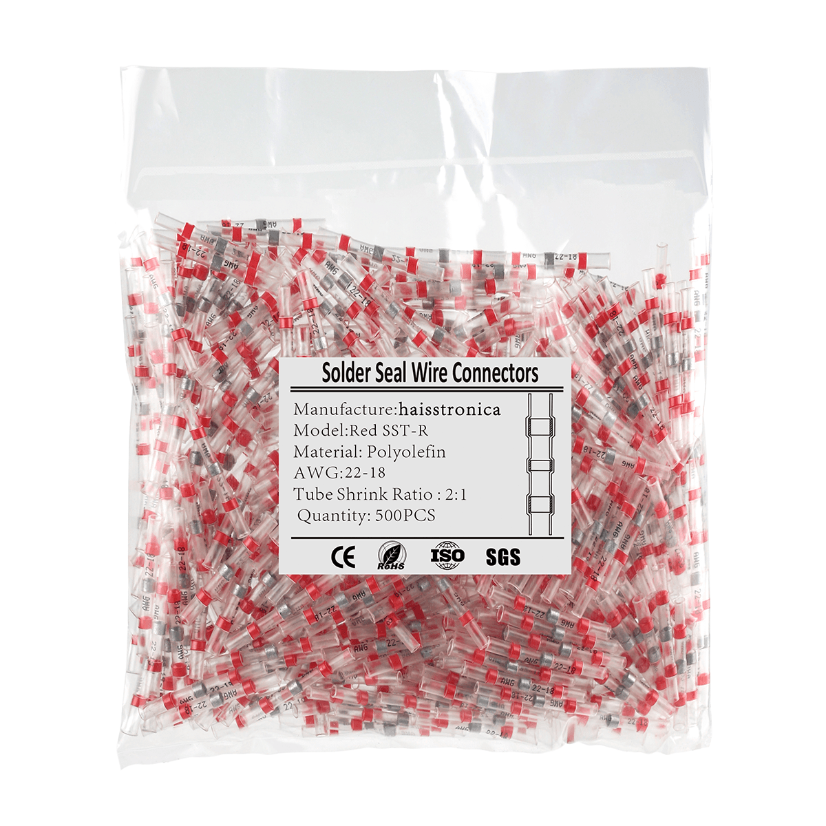 Solder butt connectors - HAISSTRONICA Red SST-R, AWG 22-18, 1500pcs. CE/SGS, 2:1 shrink ratio.