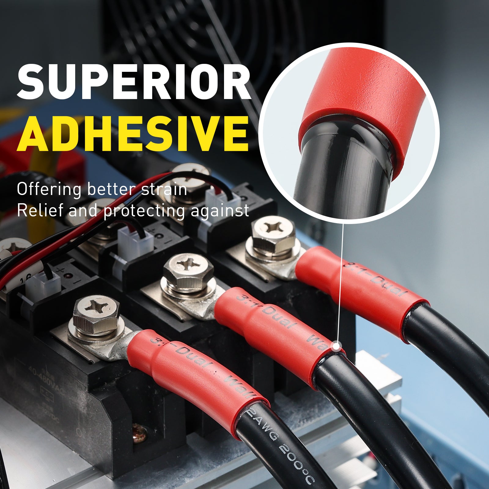 Haisstronica heat shrink tubing with adhesive core for strain relief and corrosion-resistant wire connections.