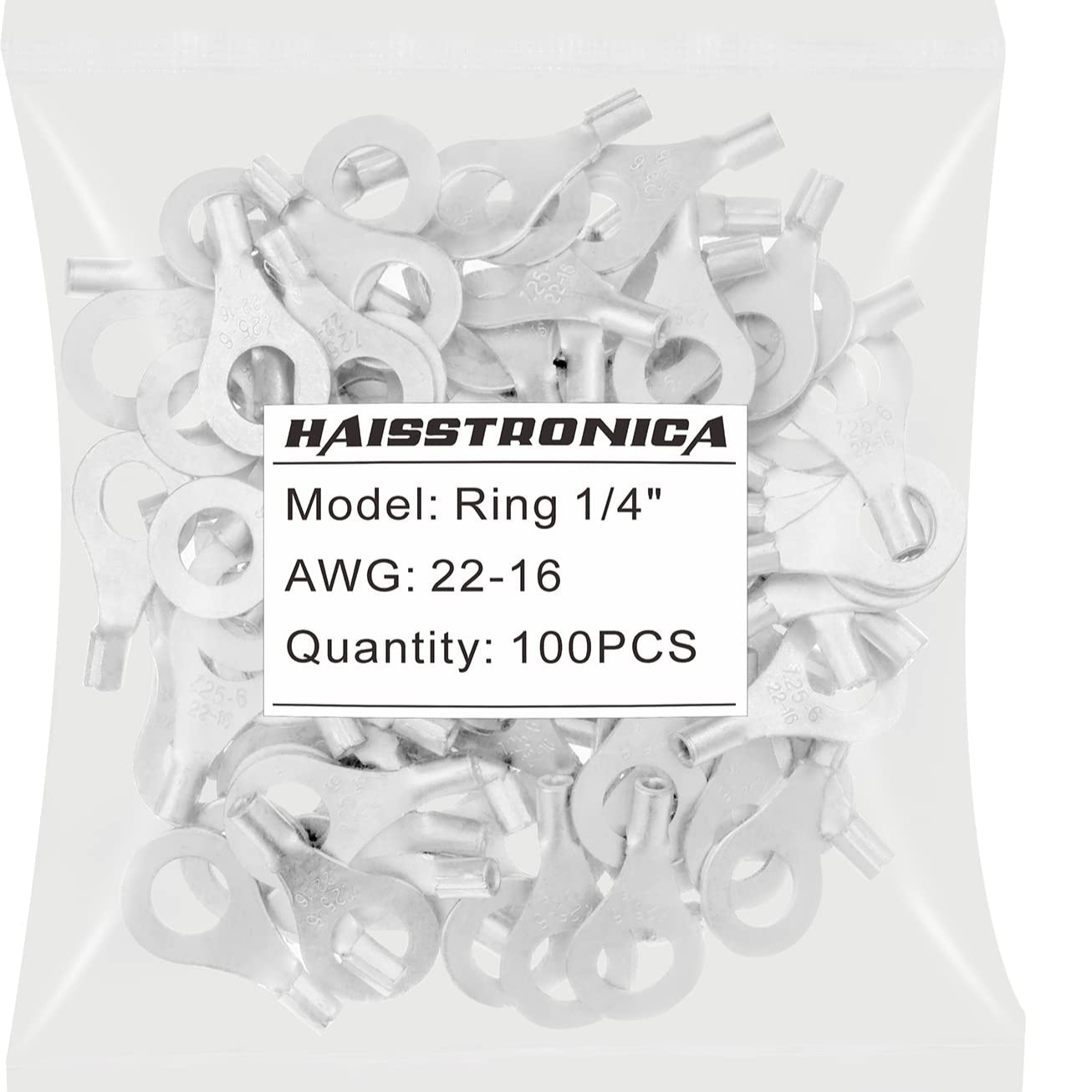 Haisstronica uninsulated butt connectors, Ring 1/4’’ terminals compatible with AWG22-16 cables, 100PCS durable crimp set.