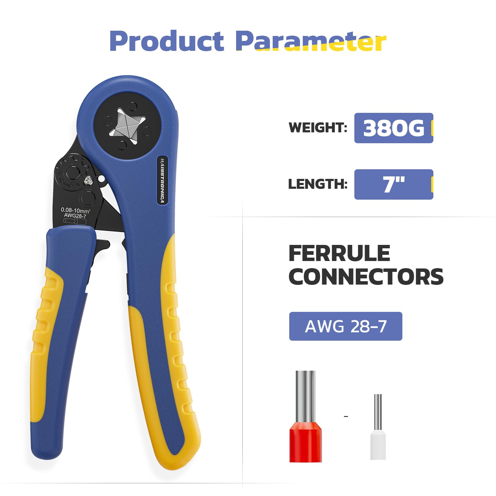HAISSTRONICA Wire Ferrule Tool: 380g, 7", AWG 28-7. Star-shaped design, technical specs.