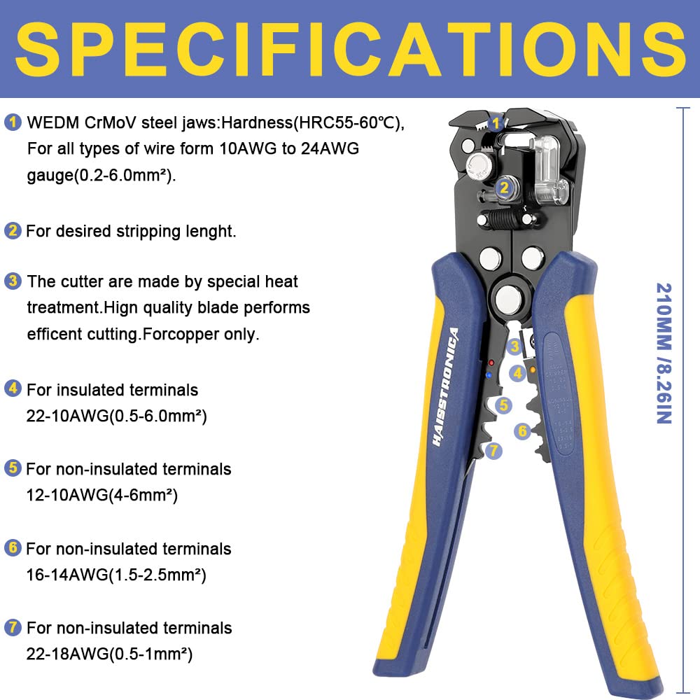 Haisstronica electric wire stripper, WEDM CrMoV jaws, HRC55-60, 10-24AWG (0.2-6mm²), insulated terminals.