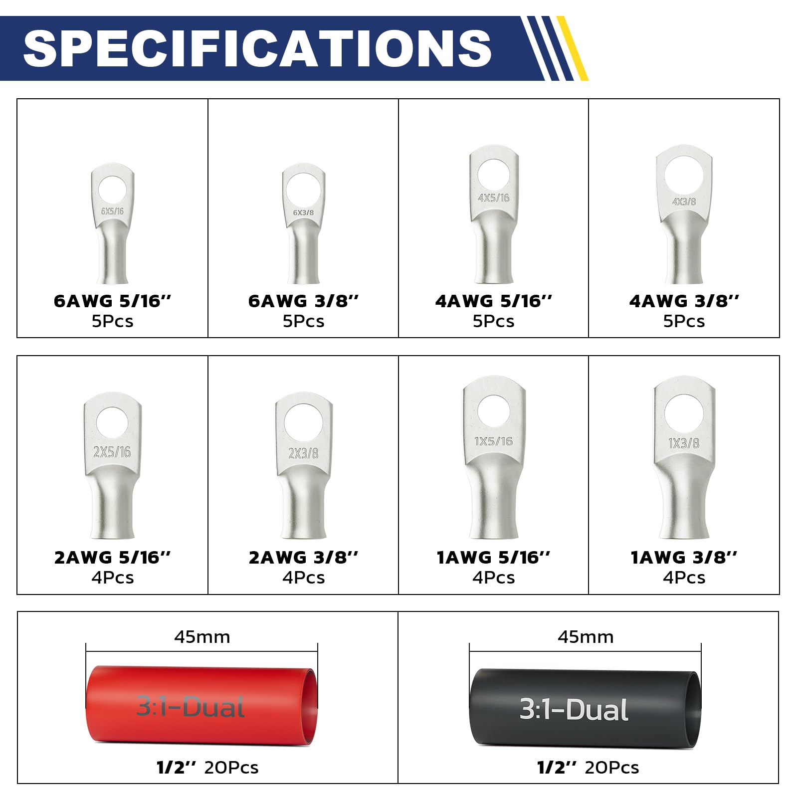 Specification layout of copper cable eyelets and dual-wall heat-shrink tubes, labeling quantities by gauge for wiring lugs.