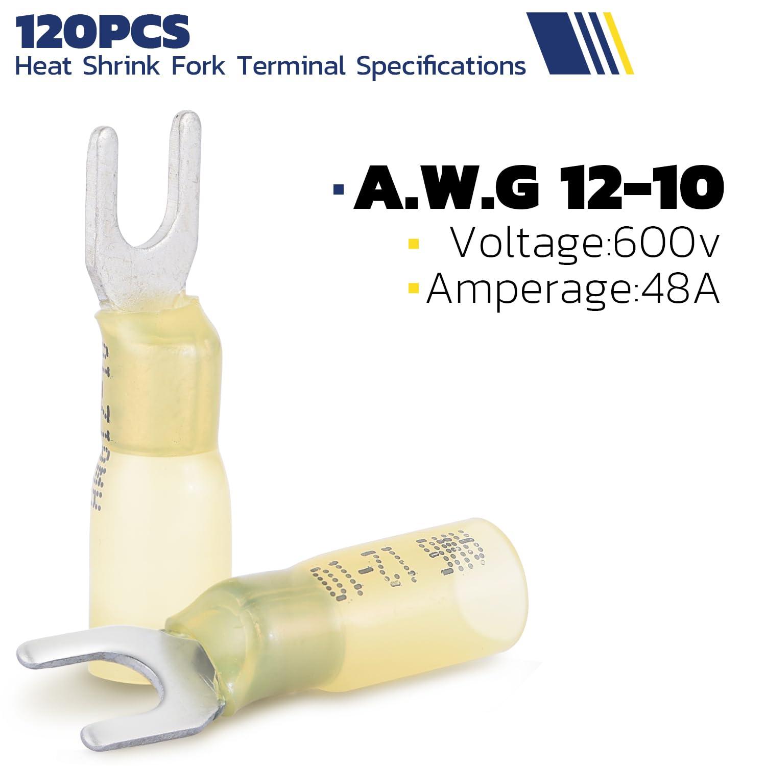 Haisstronica electrical connectors with heat shrink, 120PCS AWG 12-10 fork terminals, 600V/48A rating.