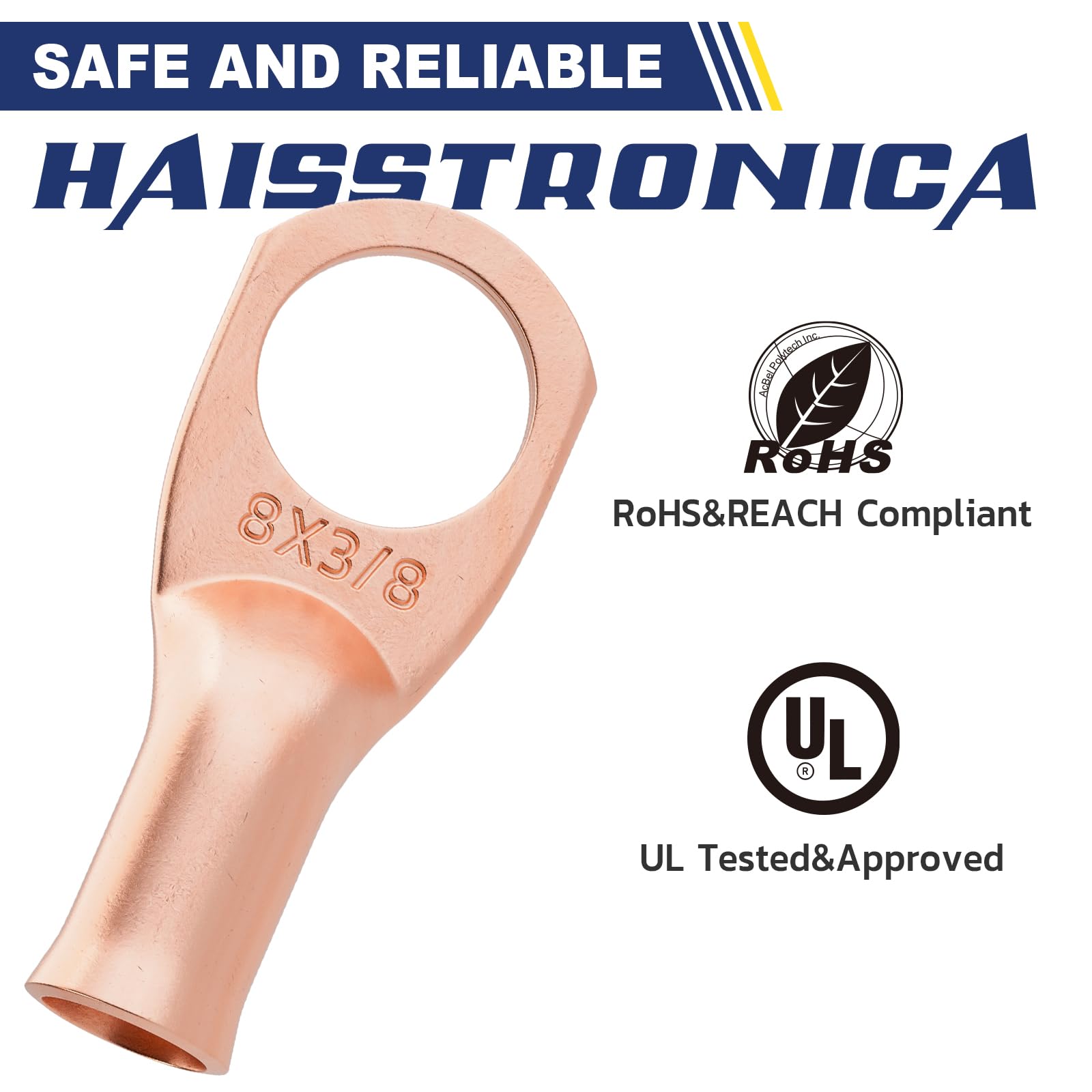 Haisstronica 8 AWG-3/8" Copper Crimp Connectors – M10 Ring Lugs, 3:1 Heat Shrink Tubing, 20PCS (UL Tested).