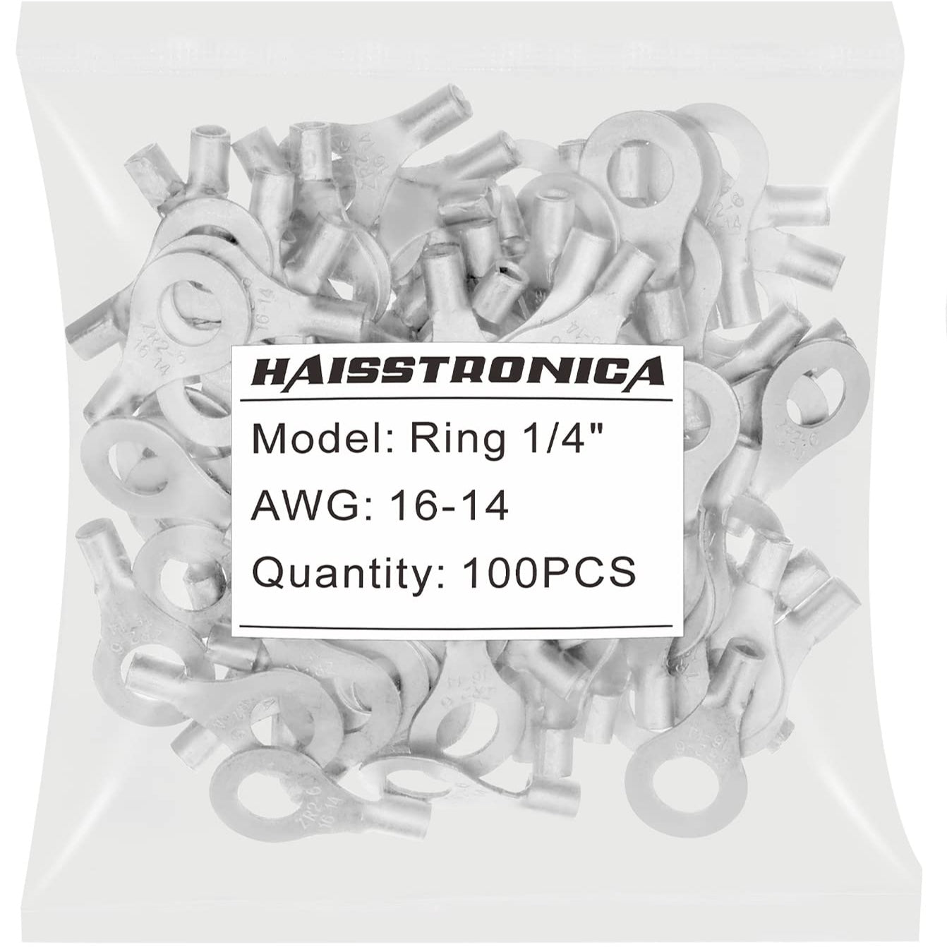 Haisstronica non-insulated butt splice, Ring 1/4’’ terminals for AWG16-14 wires, 100PCS thick copper barrel terminals.