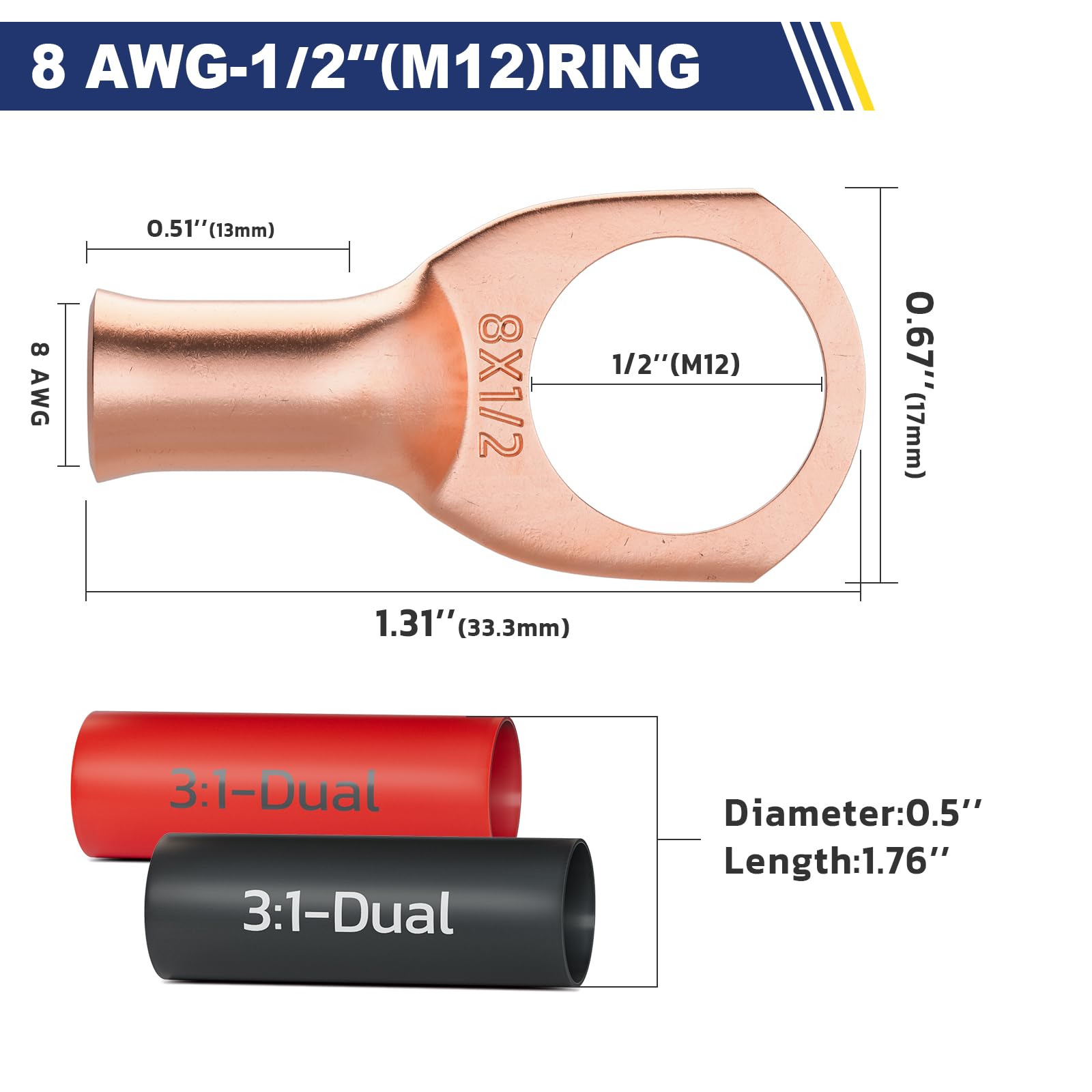 Haisstronica 8 AWG-1/2" Copper Crimp Sleeves – M12 Ring Terminals, 20PCS with 3:1 Heat Shrink Tubing.