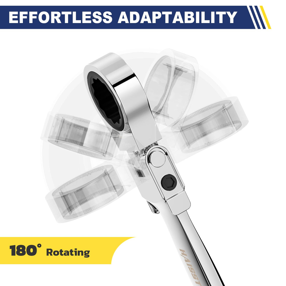 Haisstronica 180° rotating ratchet wrench, silver metal body, adjustable ratchet head, multi-angle torque application, workshop tool.